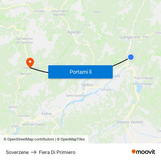 Soverzene to Fiera Di Primiero map