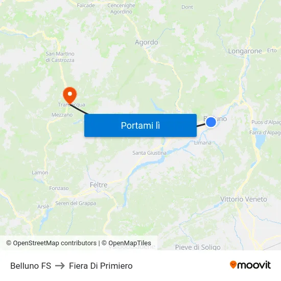Belluno FS to Fiera Di Primiero map