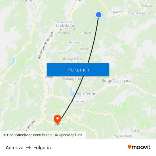 Anterivo to Folgaria map