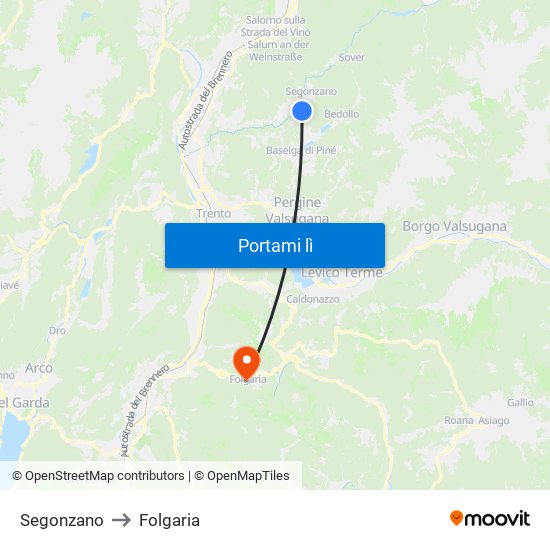 Segonzano to Folgaria map