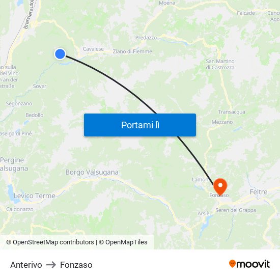 Anterivo to Fonzaso map