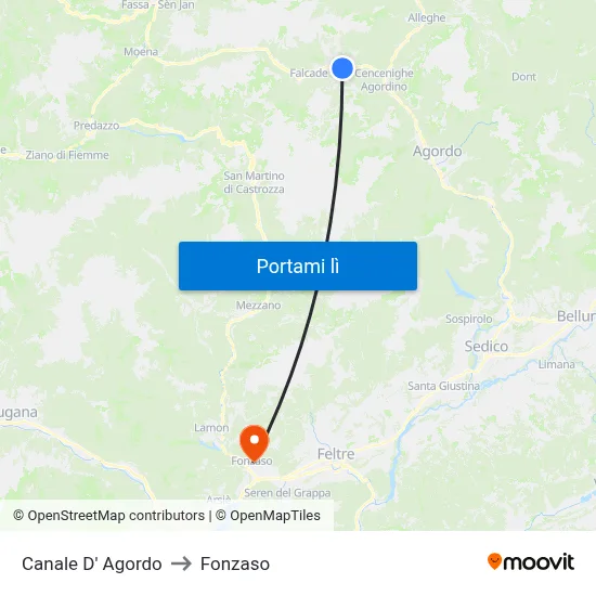 Canale D' Agordo to Fonzaso map