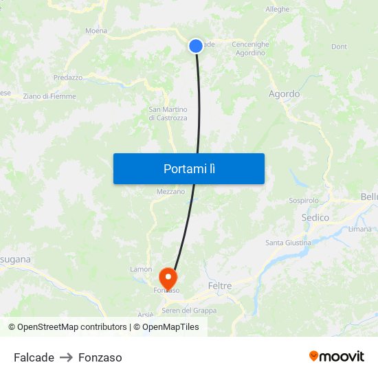 Falcade to Fonzaso map