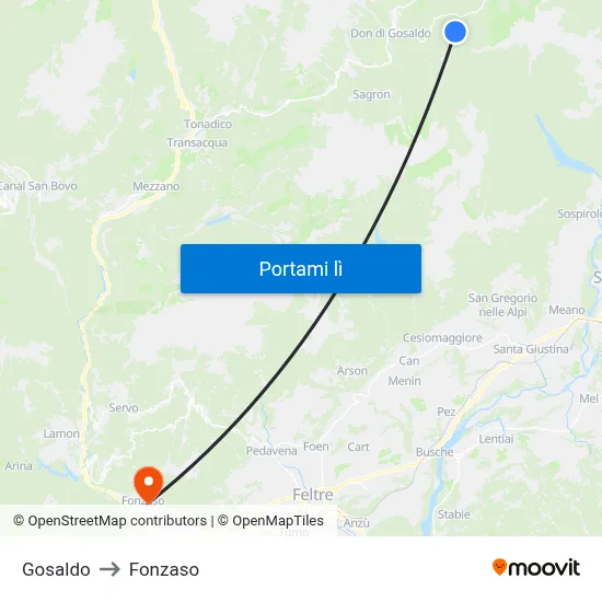 Gosaldo to Fonzaso map