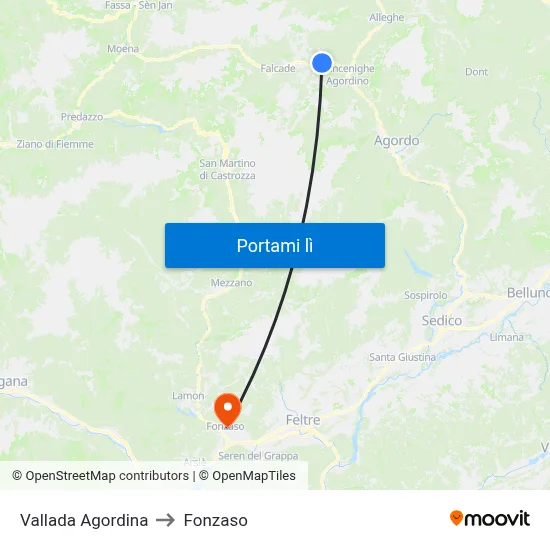 Vallada Agordina to Fonzaso map
