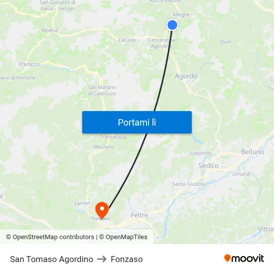 San Tomaso Agordino to Fonzaso map