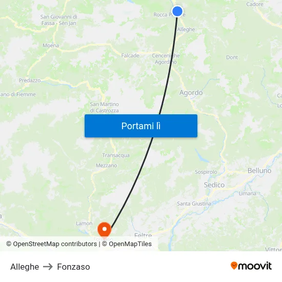 Alleghe to Fonzaso map