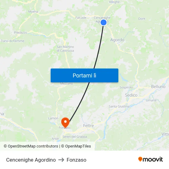 Cencenighe Agordino to Fonzaso map