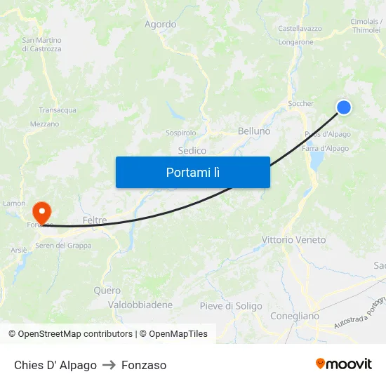 Chies D' Alpago to Fonzaso map