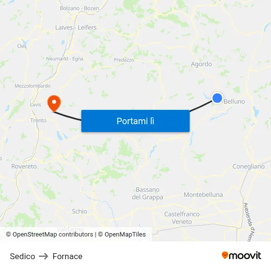 Sedico to Fornace map