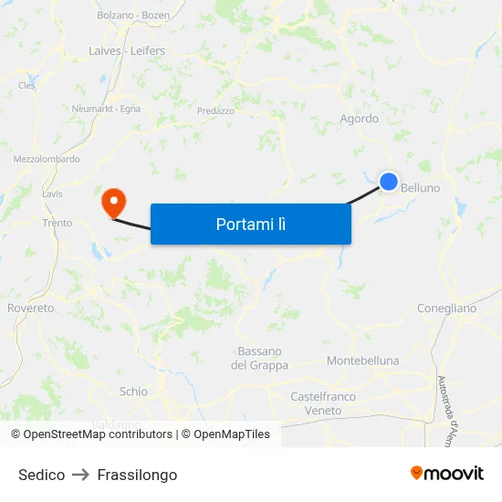 Sedico to Frassilongo map