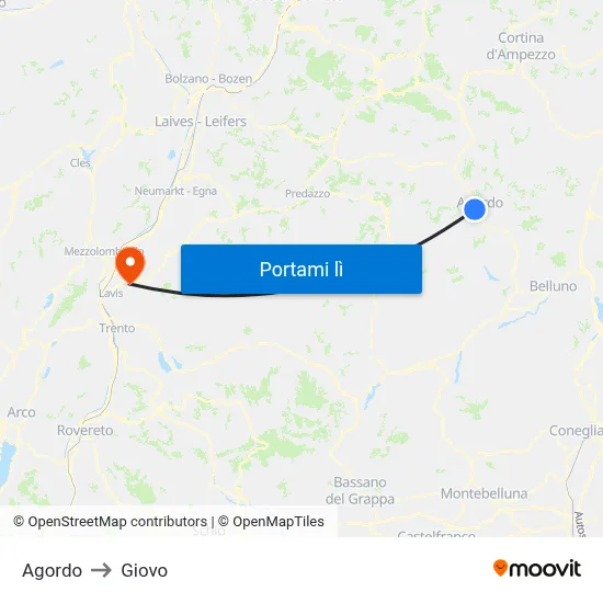 Agordo to Giovo map