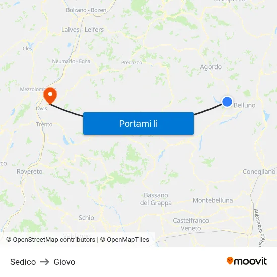 Sedico to Giovo map