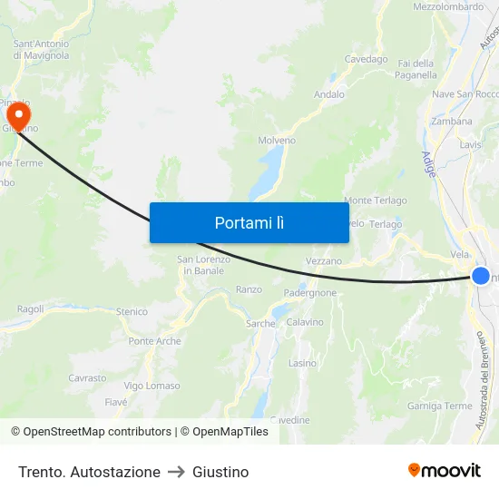 Trento. Autostazione to Giustino map