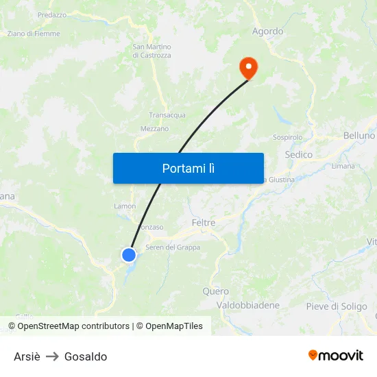 Arsiè to Gosaldo map