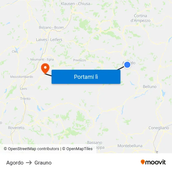 Agordo to Grauno map