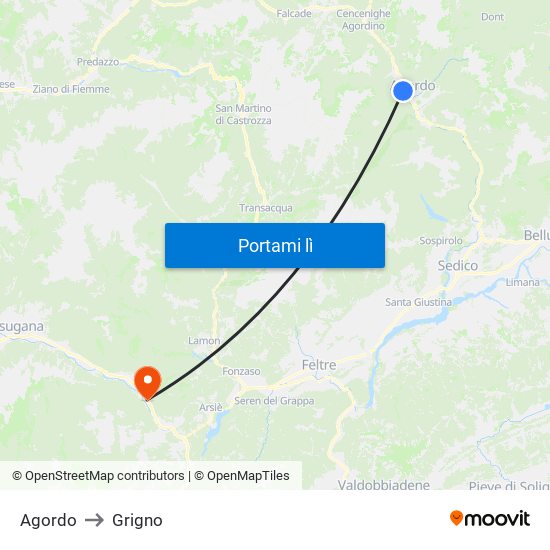 Agordo to Grigno map