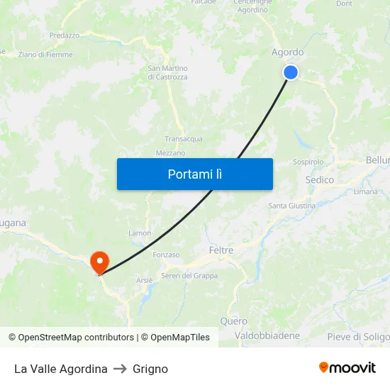 La Valle Agordina to Grigno map