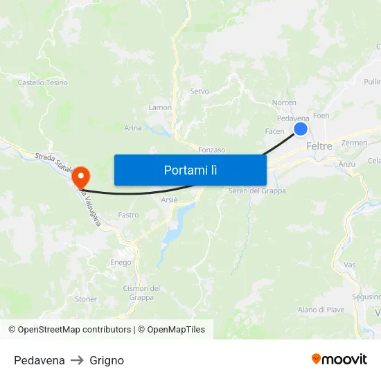 Pedavena to Grigno map
