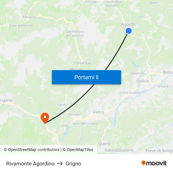 Rivamonte Agordino to Grigno map
