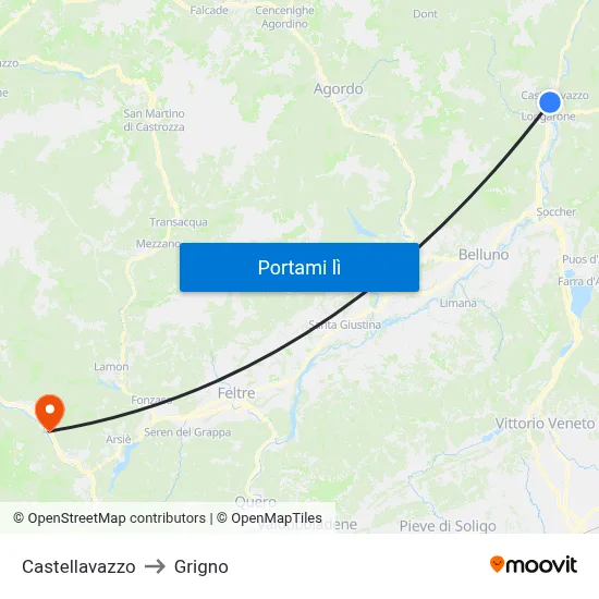 Castellavazzo to Grigno map