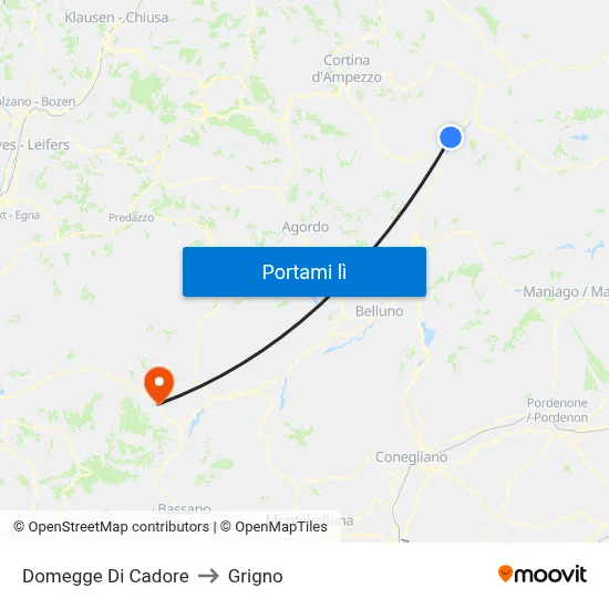 Domegge Di Cadore to Grigno map
