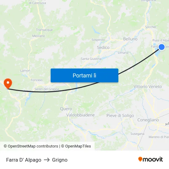 Farra D' Alpago to Grigno map
