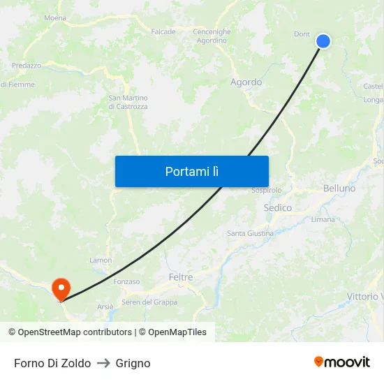 Forno Di Zoldo to Grigno map