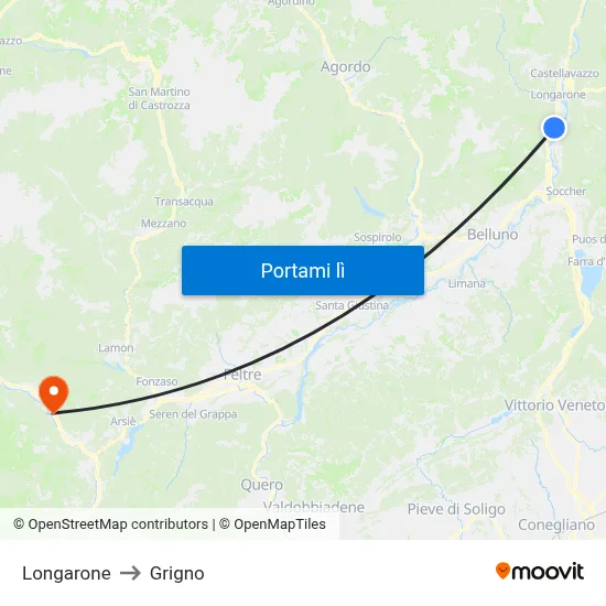 Longarone to Grigno map