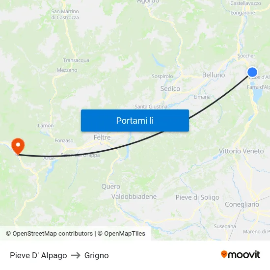 Pieve D' Alpago to Grigno map