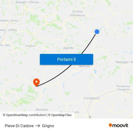 Pieve Di Cadore to Grigno map