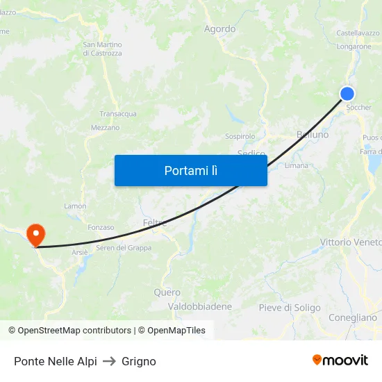 Ponte Nelle Alpi to Grigno map