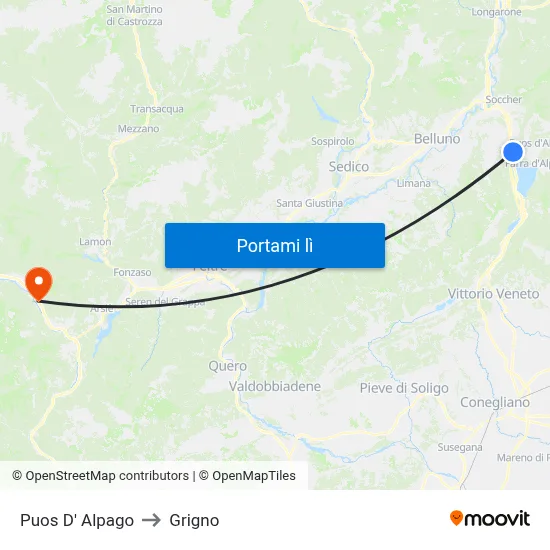 Puos D' Alpago to Grigno map