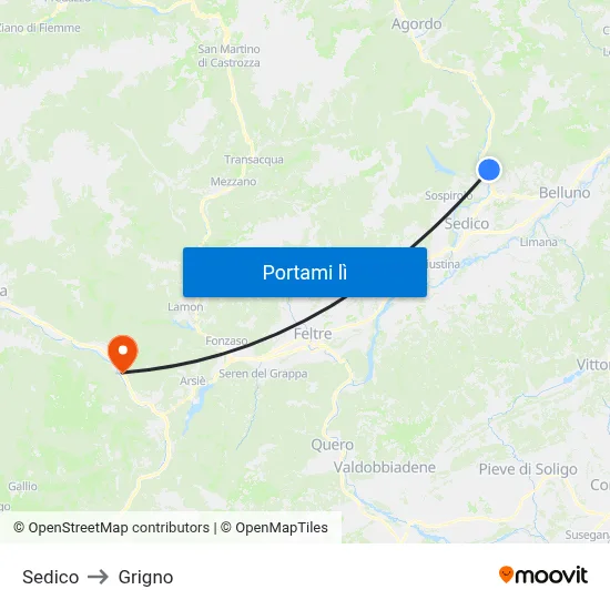 Sedico to Grigno map