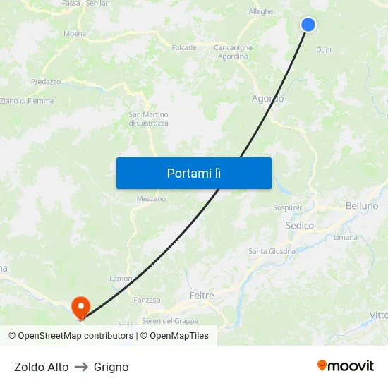 Zoldo Alto to Grigno map