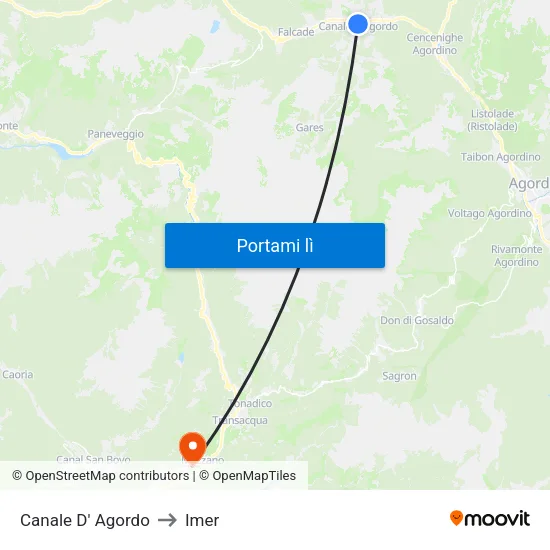 Canale D' Agordo to Imer map