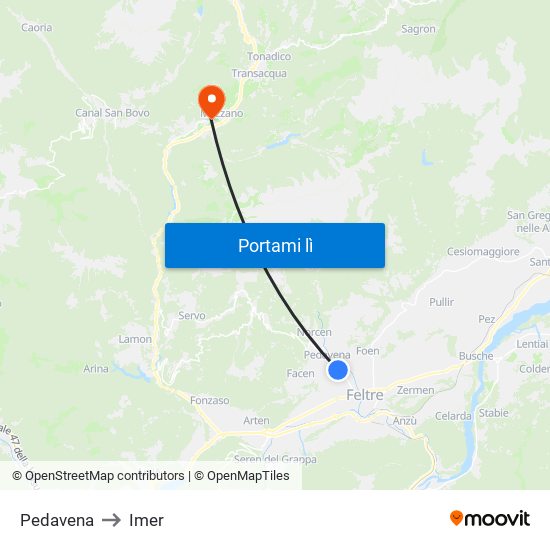 Pedavena to Imer map