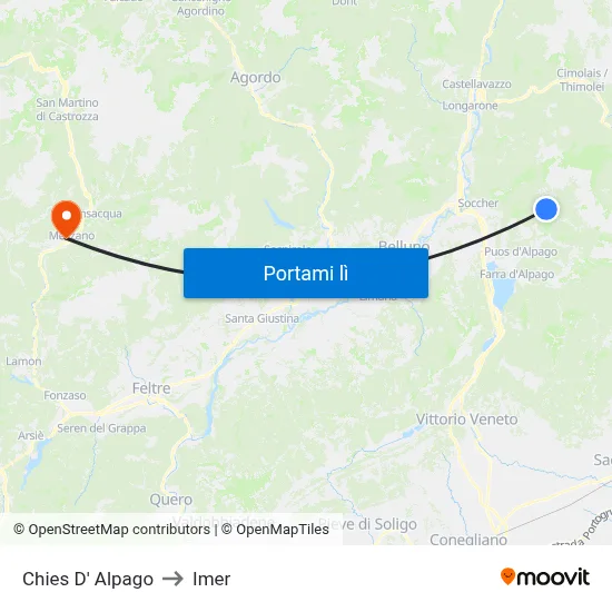 Chies D' Alpago to Imer map