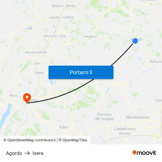 Agordo to Isera map