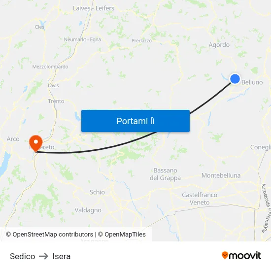 Sedico to Isera map