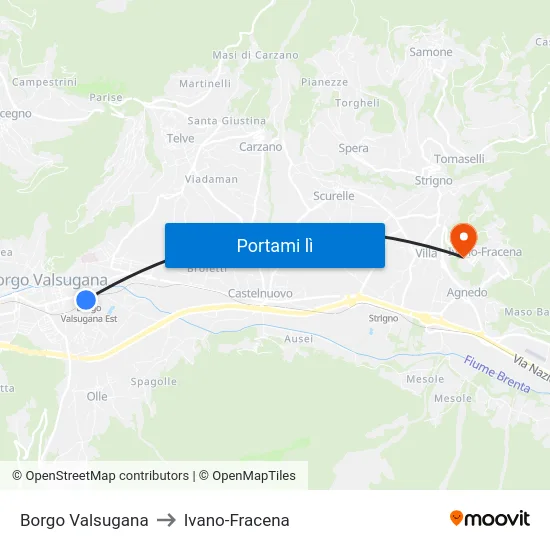Borgo Valsugana to Ivano-Fracena map