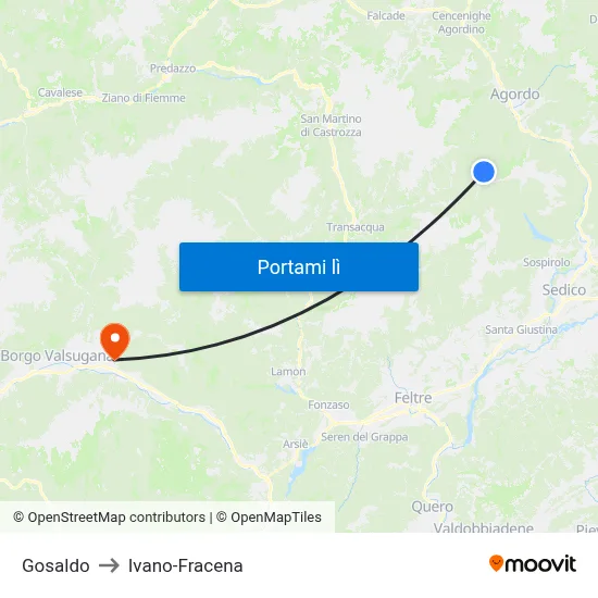 Gosaldo to Ivano-Fracena map