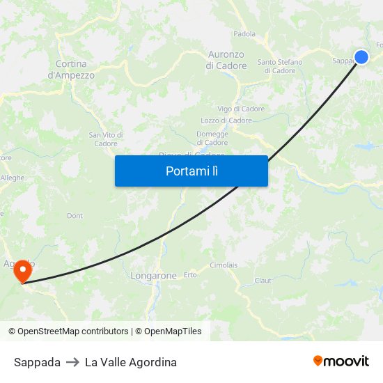 Sappada to La Valle Agordina map