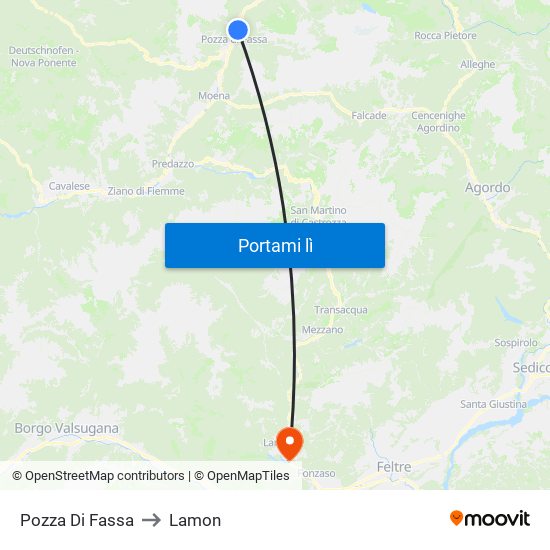 Pozza Di Fassa to Lamon map