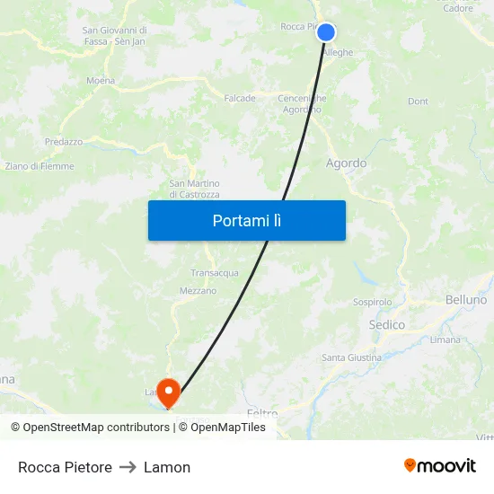 Rocca Pietore to Lamon map