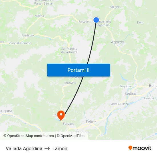 Vallada Agordina to Lamon map