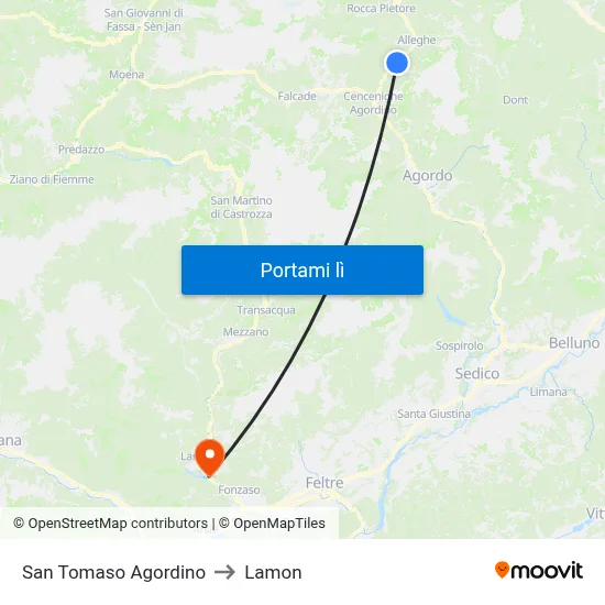 San Tomaso Agordino to Lamon map