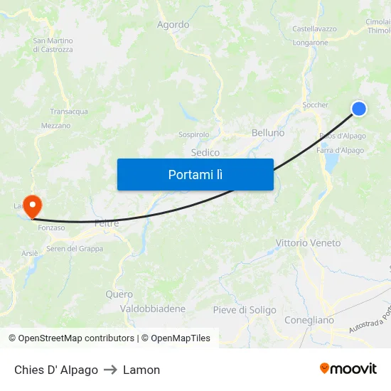 Chies D' Alpago to Lamon map