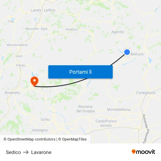 Sedico to Lavarone map