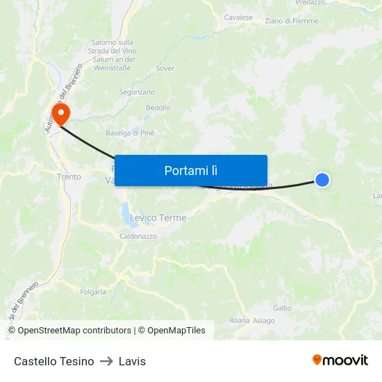 Castello Tesino to Lavis map